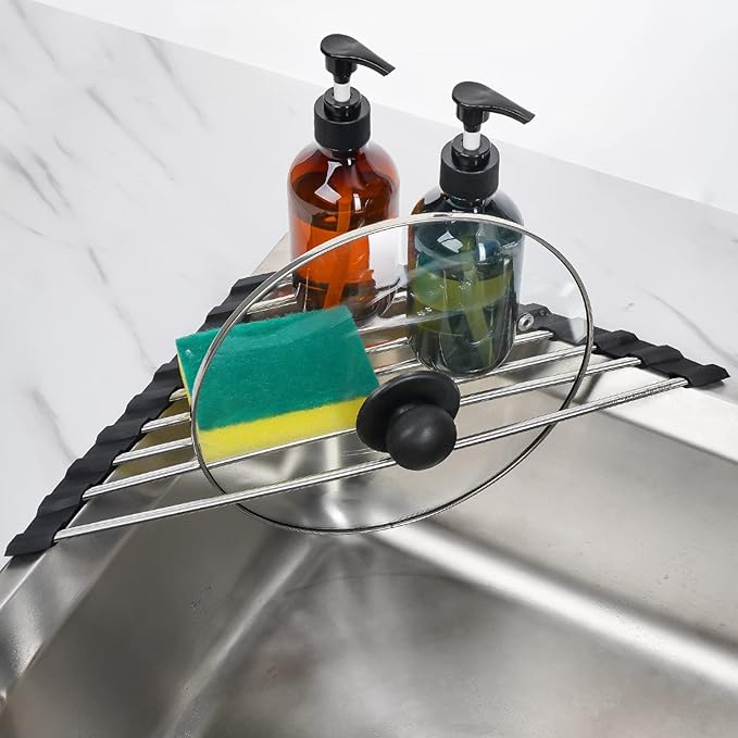 Tomorotec Foldable Stainless Steel Triangle Roll-Up Dish Drying Rack for Small Sink Corners - Over-The-Sink Multipurpose Kitchen Drainer, Rustproof Organizer, Trivet and Shelf - Space-Saving (Black)