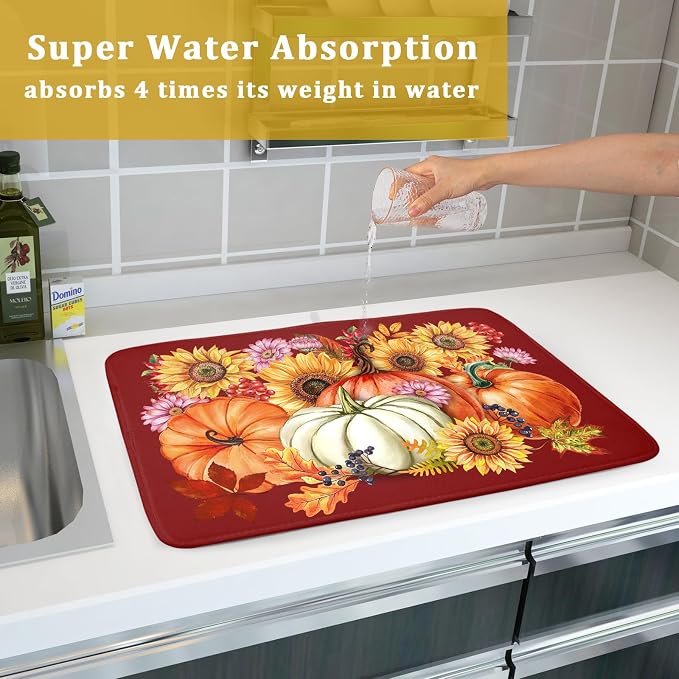 Fall Dish Drying Mat for Kitchen Counter Autumn Pumpkin Sunflowers Thanksgiving Microfiber Absorbent Dish Draining Reusable Washable Foldable Extra Large 18"x24"