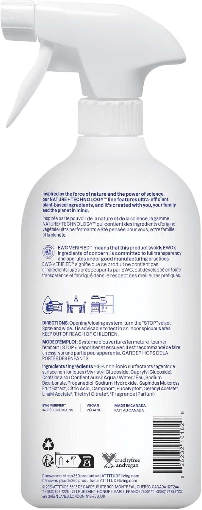 ATTITUDE All Purpose Cleaner Spray, EWG Verified, Vegan, Made with 94% Plant-Based Ingredients, Streak-Free for Kitchen, Bathroom, Glass & More, Lavender Scent, 27.1 Fl Oz