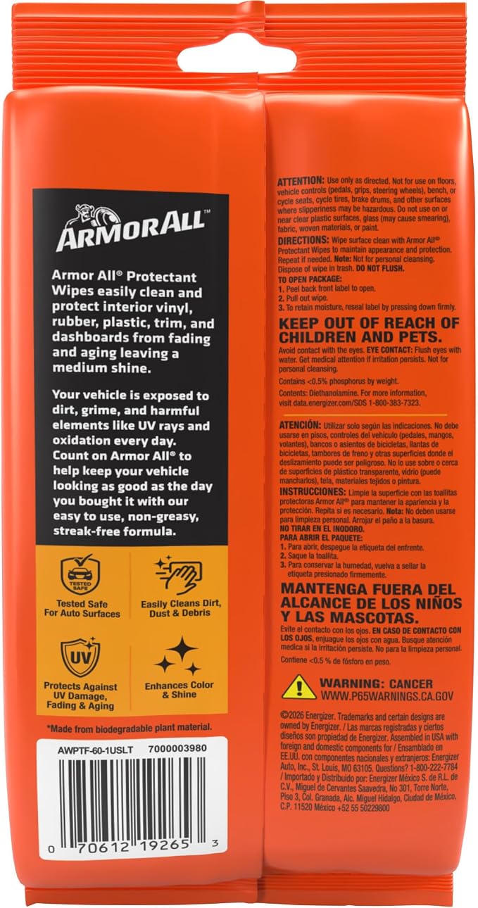 Armor All Car Protectant Wipes, Interior Car Wipes with UV Protection Against Cracking and Fading, 60 Wipes