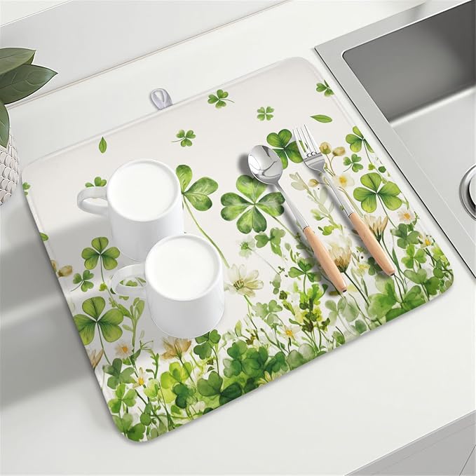 St Patrick's Day Green Clover Dish Drying Mat 16x18 Inch | Shamrock,Polyester,Absorbent Microfiber,for Kitchen Coffee Dining Bar Decor