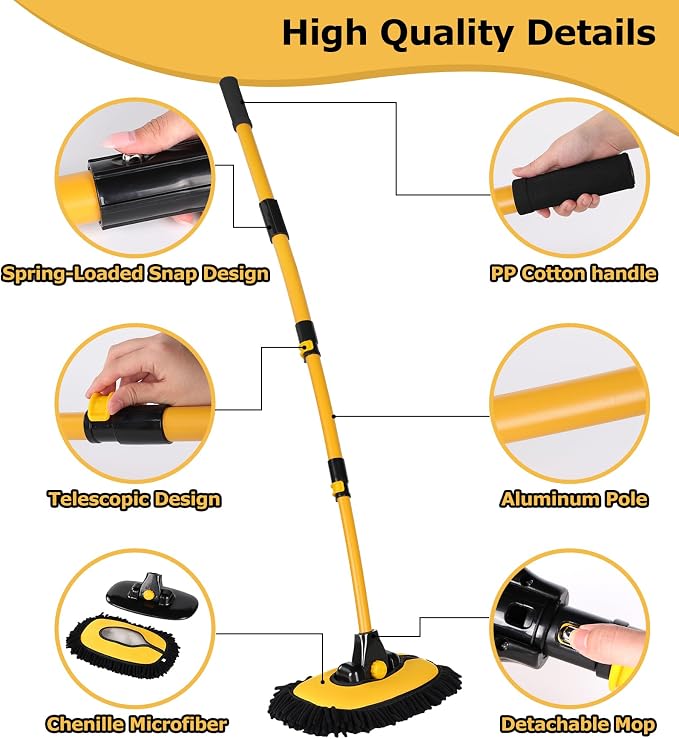 anngrowy 56.7" Car Wash Brush Mop Kit Mitt Sponge with Long Handle Car Cleaning Supplies Kit Tools Car Washing Duster Exterior Scratch Free, Chenille Replacement Head Extension Pole