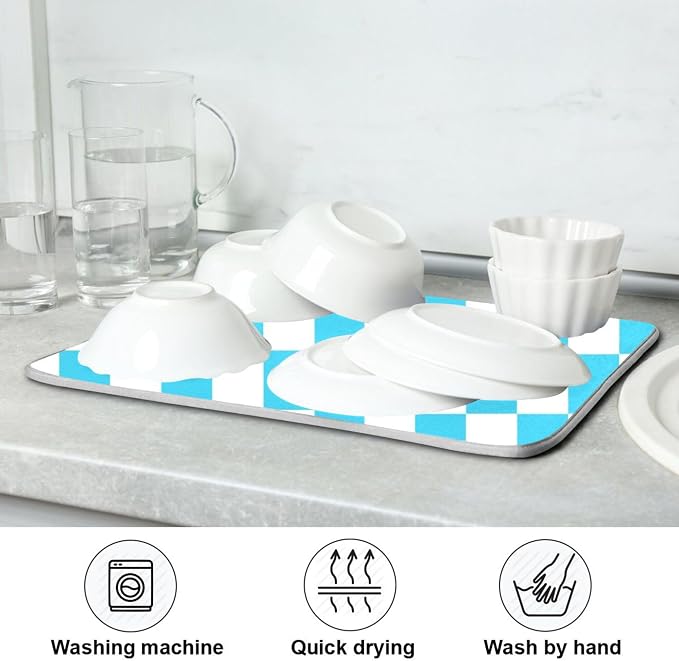 Turquoise Chessboard Dish Drying Mat for Kitchen Countertop 16x18 Teal Plaid Checkered Rectangle Small Drying Mat Reusable Quick Dry Dish Sink Absorbent Mats Easy Clean Decorative Home Essentials