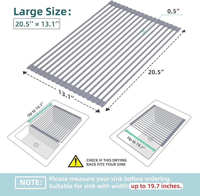 Ohuhu Dish Drying Rack Over The Sink, Roll Up Sink Rack 20.5" W x 13.1" L Rolling Dish Drainer Foldable Accessories Heat-Resistant Mat Anti-Slip Silicone Coated for Kitchen Counter
