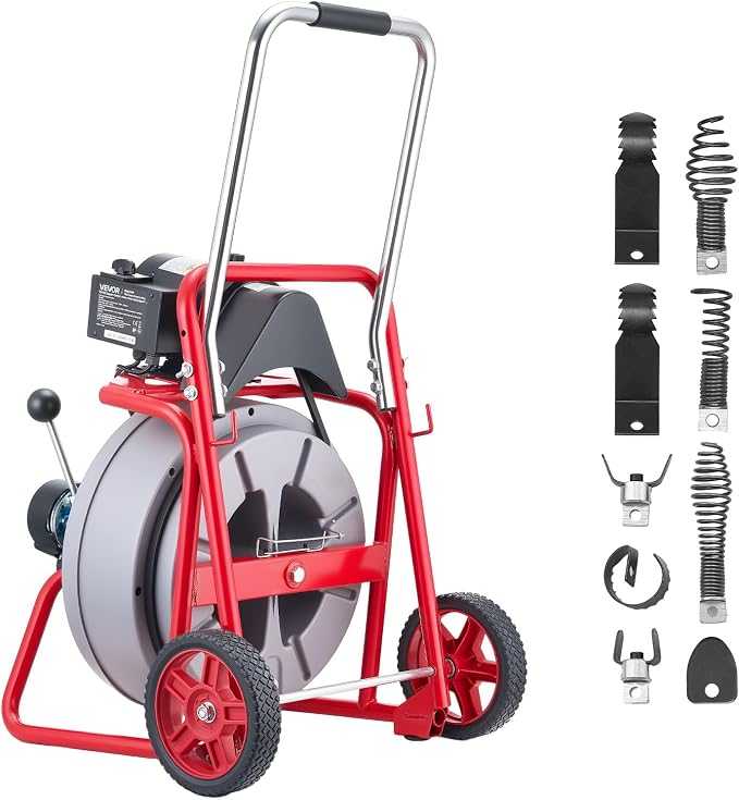 VEVOR Drain Cleaner Machine 75 FT x 1/2 Inch, Auto Feed Sewer Snake Drain Auger on Wheels, Portable Drain Cleaning Machine with 8 Cutters & Air-Activated Foot Switch for 2" to 6" Pipes