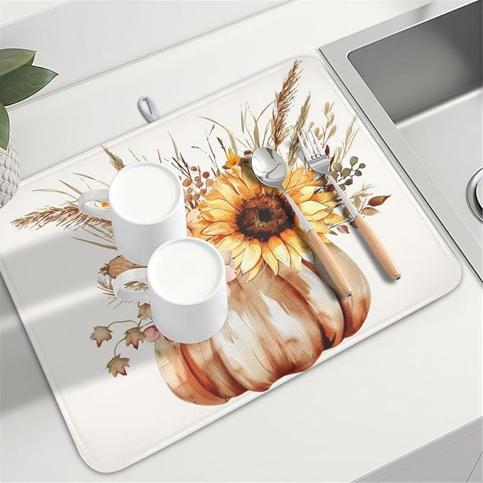 Fall Sunflower Dish Drying Mat for Kitchen Counter 18 x 24 Inch Autumn Orange Pumpkin Dish Drainer Mat Absorbent Microfiber Thanksgiving Harvest Dish Rack Pad for Coffee Dining Bar Decor
