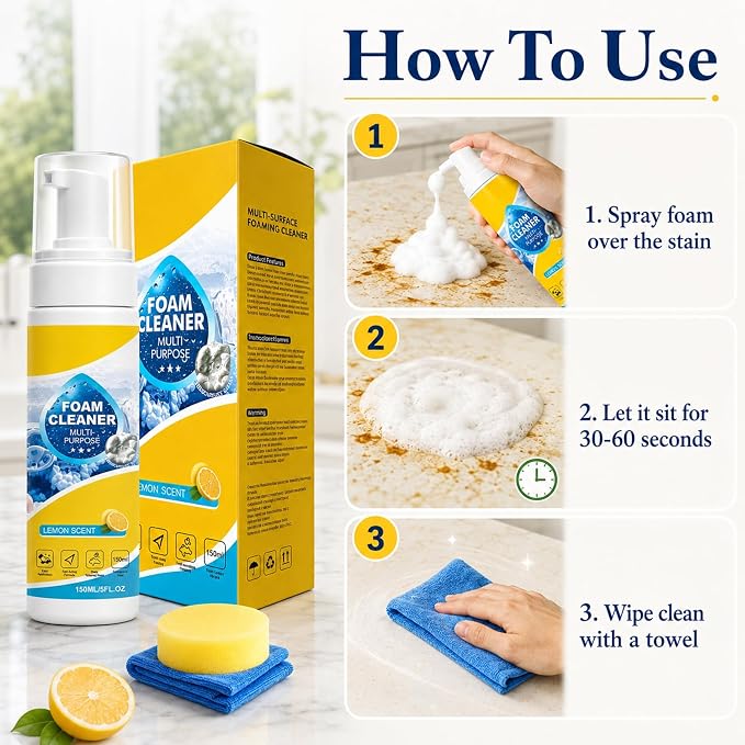 4-in-1 Foam Cleaner, All-Purpose Deep Cleaning Spray | Foam Cleaner All Purpose for Car Interior, Kitchen, Bathroom, Sofa, Removes Grease & Stains (2Pcs)