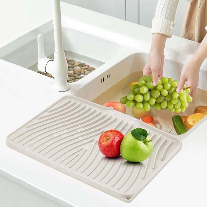 TIKNIK Silicone Dish Drying Mat for Kitchen Counter, Dish Drying Pad, Non-Slip Drain Pad with Built-in Drain, Heat Resistant Stone Drying Mat(16" x 12", Cream)