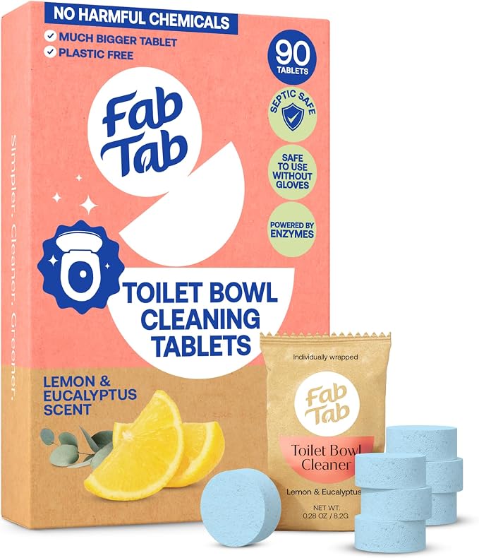 Fab Tab Toilet Cleaner Tablets for Bowl, Powerful Active Toilet Stain and Rust Removal, No Plastic or Harmful Chemicals, Safe for Regular and Septic Tanks, Lemon & Eucalyptus Scent - 90 Pack