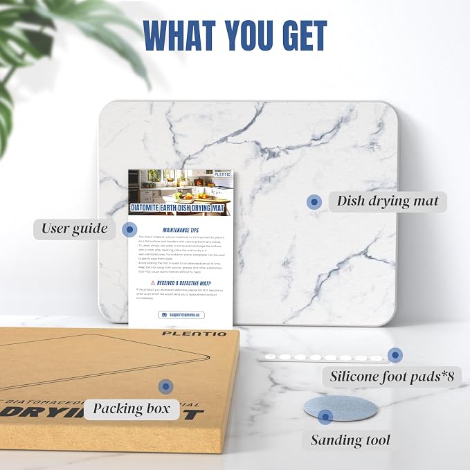 Quick Dry Stone Drying Mat for Kitchen Counter, Water-Absorbent Diatomaceous Dish Drying Mats, Multi-Purpose Stone Drying Tray for Cups Dishes Bottles, Carrara White Marble