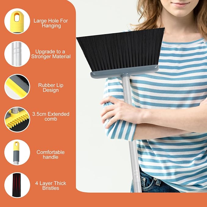 Long Handled Dustpan and Brush, Broom and Dustpan Set, Household Dust pan Combo with 54 Inch Handle for Indoor Outdoor Household Cleaning and Sweeping (Yellow)