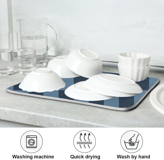 Buffalo Plaid Navy Blue Dish Drying Mat for Kitchen Countertop 18x24 Chessboard Rectangle Large Drying Mat Reusable Quick Dry Dish Sink Absorbent Mats Dishwasher Easy Clean Decorative Home Essentials