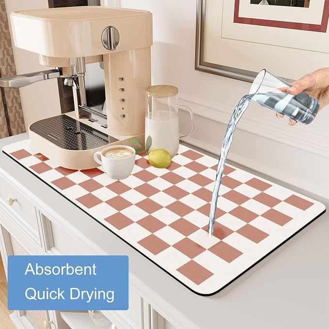 Clinuse Coffee Mats, 24"x16" Checkered Dish Drying Mat for Kitchen Counter, Quick Dry Mat, Diatomite Absorbent Aesthetic Large Drying Mats for Coffee Bar - Beige White