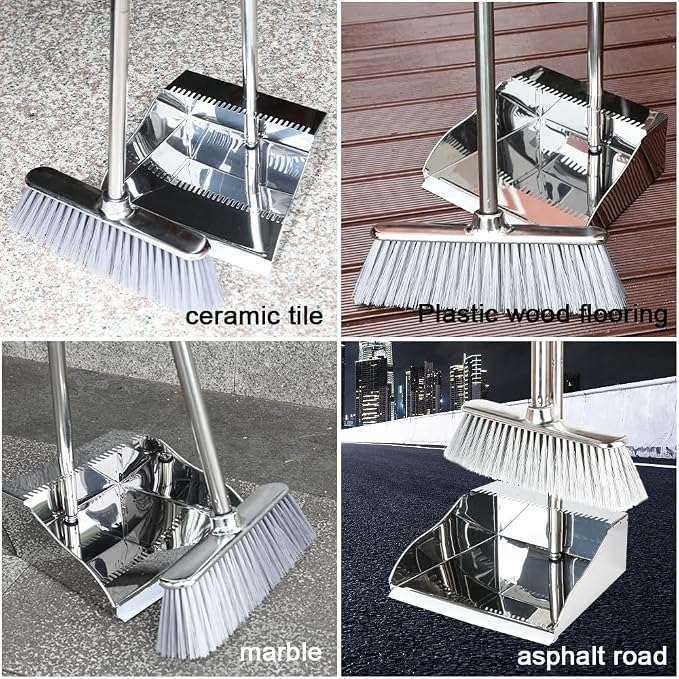 Broom and Dustpan Set,Soft Bristles Indoor Kitchen Broom with Stainless Steel Dustpan ,Metal Dust Pan,Silvery White, Suitable for Ceramic Tiles, Solid Wood, Composite Flooring