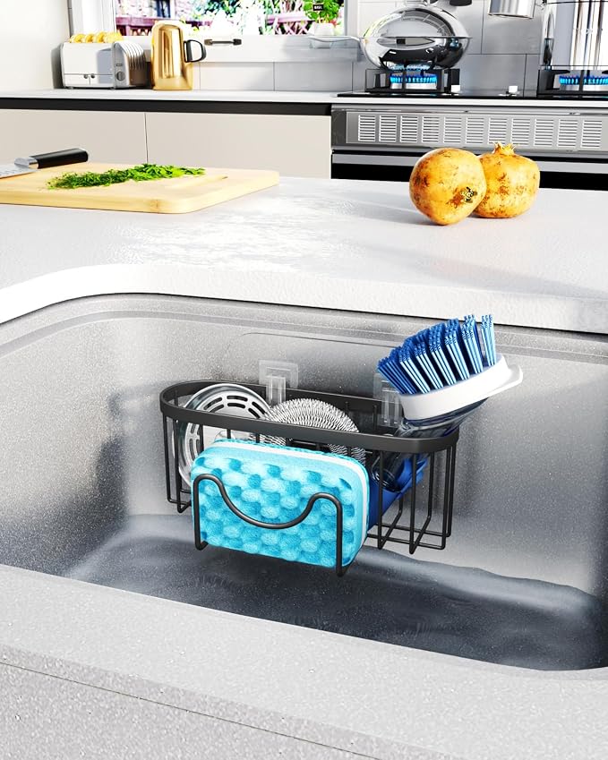 HapiRm Kitchen Sponge Holder for Sink - 2 Installation Methods Kitchen Sink Caddy Organizer with Unique M-Shaped, Rustproof Stainless Steel Sponge Caddy - Black(Large)