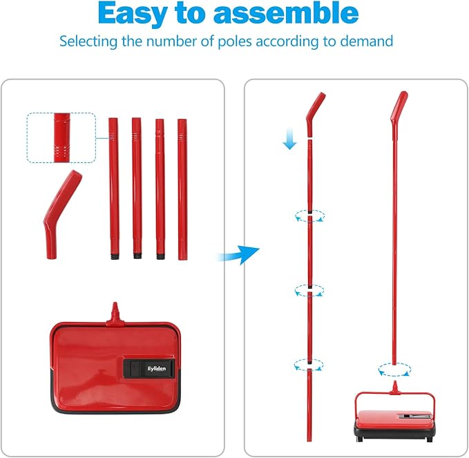 Eyliden Carpet Sweeper, Mini Size, Manual Sweeping, Red | Lightweight, Hand Push - No Noise, Non-Electric, Easy Clener, Only for Carpet and Rug Cleaning