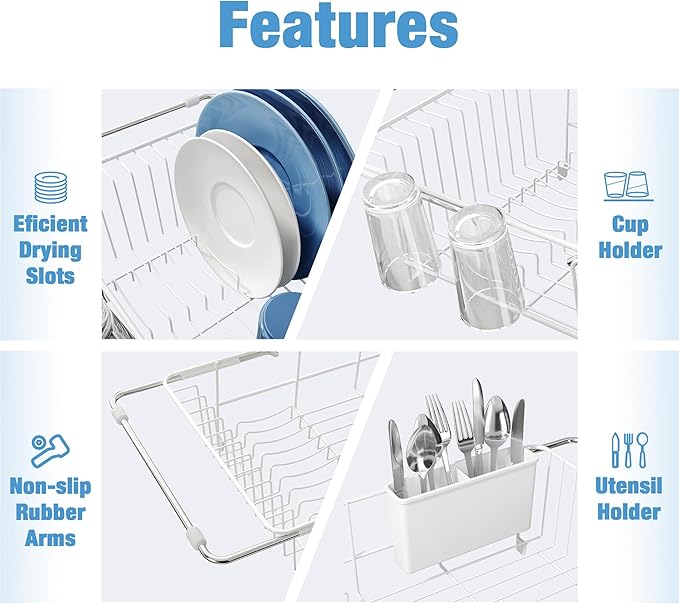 JASIWAY White Dish Drying Rack in Sink with Mat, Expandable Stainless Steel Dish Drainers for Kitchen Counter, Space Saving Dish Dryer for Inside Sink, Over Sink Dish Racks with Utensil Holder