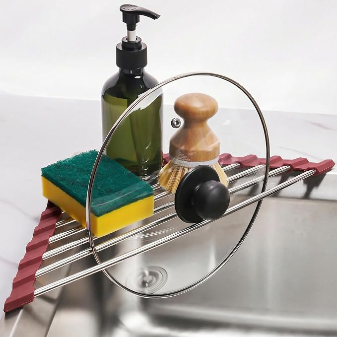 Tomorotec Foldable Stainless Steel Triangle Roll-Up Dish Drying Rack for Small Sink Corners - Over-The-Sink Multipurpose Kitchen Drainer, Rustproof Organizer, Trivet and Shelf - Space-Saving(Wine Red)