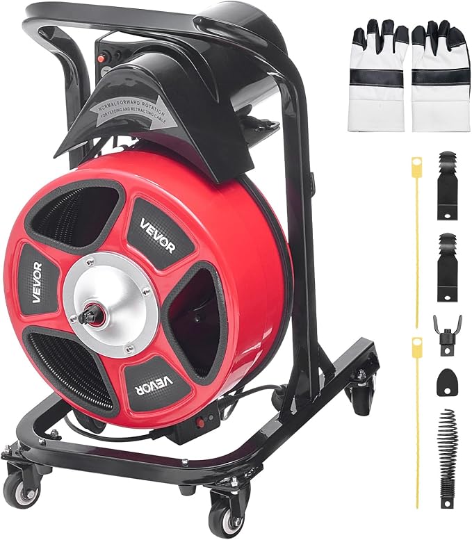 VEVOR Drain Cleaner Machine 50 FT x 1/2 Inch, Manual Feed Sewer Snake Auger on Wheels - with 4 Cutters & Air-activated Foot Switch for 2" to 6" Pipes