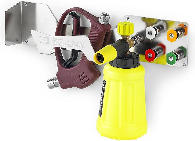 FIXFANS Pressure Washer Gun Holder, Wall Mounted Foam Cannon Tool Organizer | Power Washer Snow Foam Lance Tool Organizer, Nozzle Tips and Car Wash Accessories Kit Storage Rack, 1/4" Quick Connect