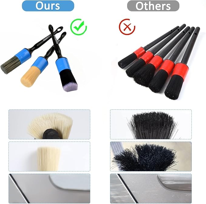 MVEQRRN 3pcs Car Detailing Brush Set,Boars Hair Detailing Brush Blue | Ultra Soft Car Detailing Brushes for Air Vents,Leather Seats,No Scratch Auto Detail Brushes for Interior Exterior