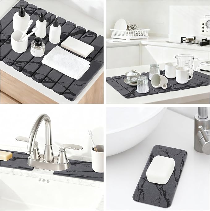 3 PCS Large Stone Dish Drying Mat for Kitchen Counter, Quick Dry Diatomaceous Earth Mat with Sink Faucet Pad, Marble Water Absorbing Stone Drying Mats for Dishes, Bottles and Cups