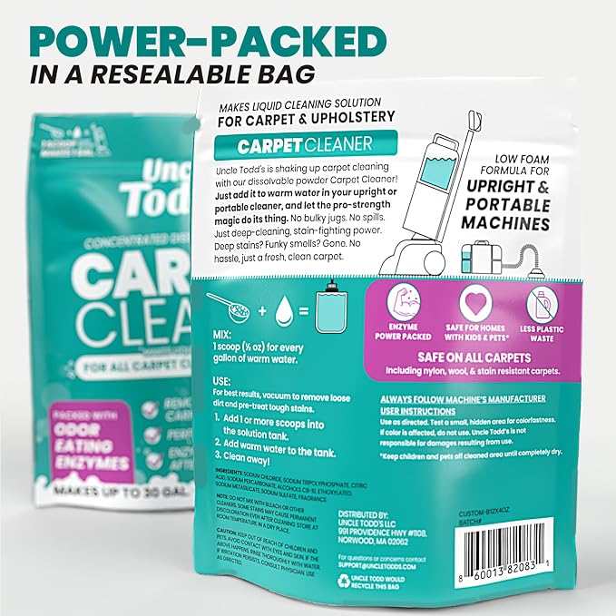 Uncle Todd's Carpet Cleaner Powder for Machines | Makes 30 Gallons of Carpet Cleaner Solution | Enzyme Formula Carpet Deodorizer | Removes Pet Odors & Stains | Safe for Carpets, Rugs & Upholstery
