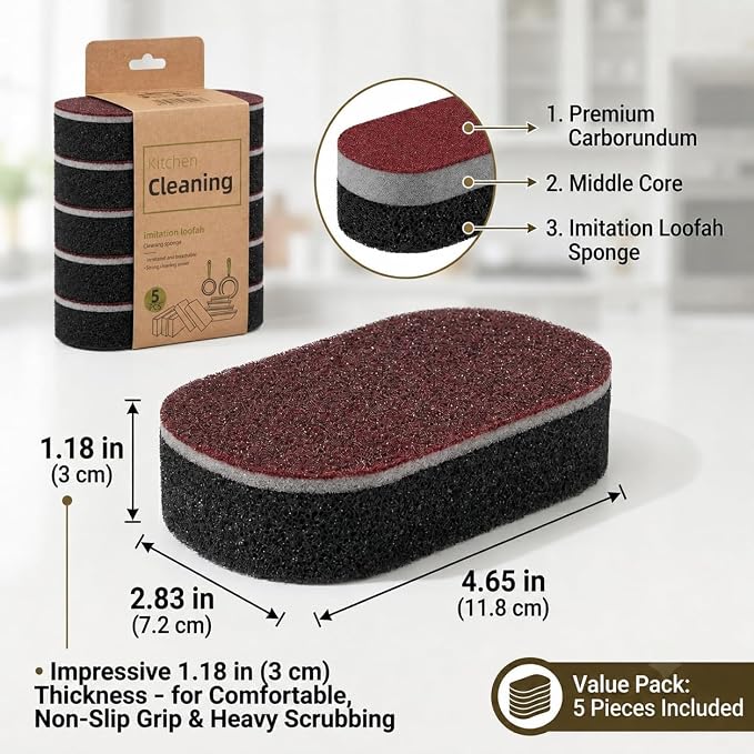 Heavy Duty Carborundum Sponges for Kitchen (5-Pack) - Premium Emery Cleaning Eraser Sponge & Non-Scratch Imitation Loofah Scrubber, Tough Stain & Rust Remover for Pot Bottoms, Cast Iron, Sinks