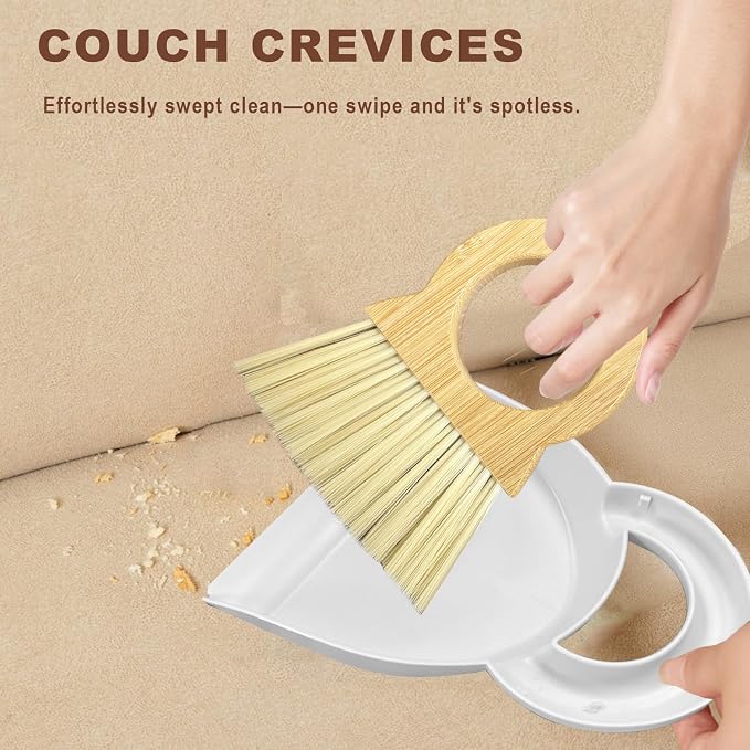Mini Broom and Dustpan Set - Compact Bamboo Handle Cleaning Kit with Mini Dustpan Brush for Countertops, Tables, Desks - Small Dust Pan and Broom Combo for Tiny Spaces (White)