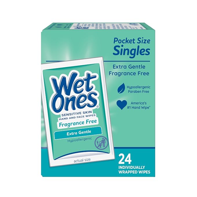 Wet Ones Hand and Face Wipes Singles, Unscented for Sensitive Skin, Hand-Wipes Individually Wrapped | 24 ct, (Pack of 12)