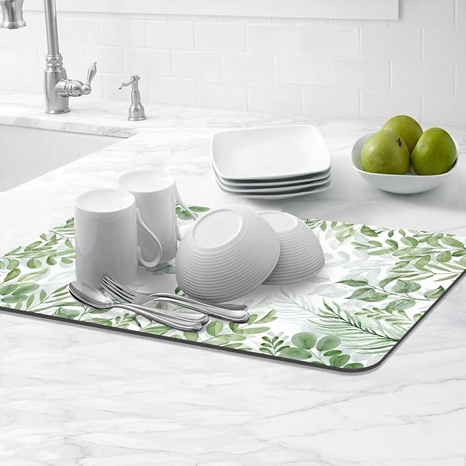 LOKHOM Dish Drying Mat for Kitchen Counter, 12"x20" Absorbent Coffee Bar Mat with Green Plant & Butterfly, Dish Drainer Rack Mats for Kitchen Counter Coffee Maker Pot Dining Room Decoration