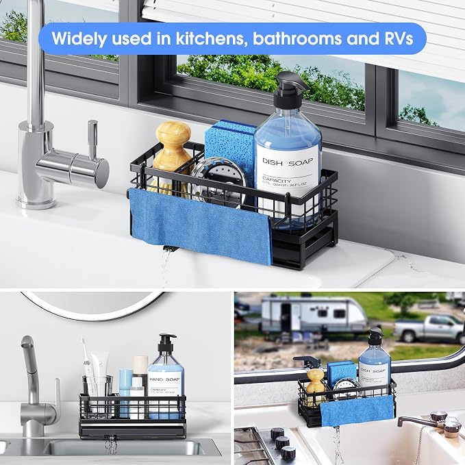 Kitchen Sink Sponge Holder, Rustproof Non-Slip Self-Draining Metal Sink Caddy with Detachable Dish Cloth Holder (Black)