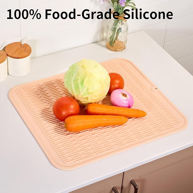 ZLR Heavy-Duty Silicone Dish Drying Mat (16" x 18" / 401 x 455mm) - XL Family-Size Thick 4mm Drainboard for Pots, Pans & Heavy Cookware - Oversized Trivet & Counter Protector, Non-Slip (Peach Pink)