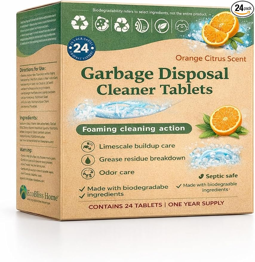 Garbage Disposal Cleaner Tablets – Foaming Disposal Cleaner & Deodorizer, Orange Citrus Scent, Septic Safe, No Chlorine or Phosphates, 24 Tablets (12 Month Supply)