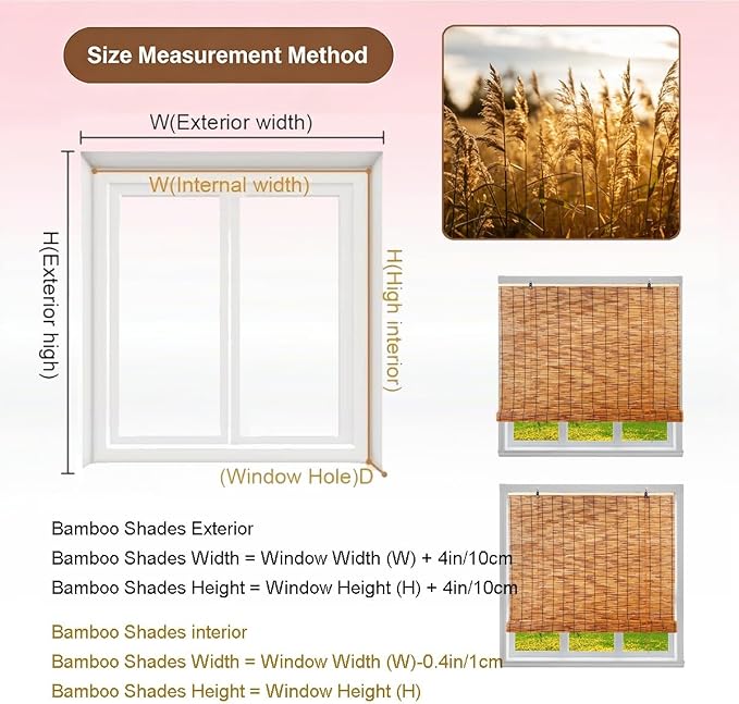 Waterproof Bamboo Roller Shades Sun Shade, Custom Size Bamboo Roll Up Window Shades for Porch, Patio & Interior Windows, Outdoor Privacy Screen Hand-Woven Roman Blinds(34" W x 64" H)
