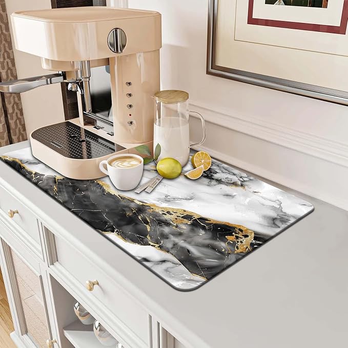 MCALK Marble Black Dish Drying Mat for Kitchen Counter, Luxurious Marble Texture Dish Drying Pad with Anti-Slip Rubber Base, Absorbent Kitchen Sink Mat with Modern Art Decor (1 pc 18" x 16")