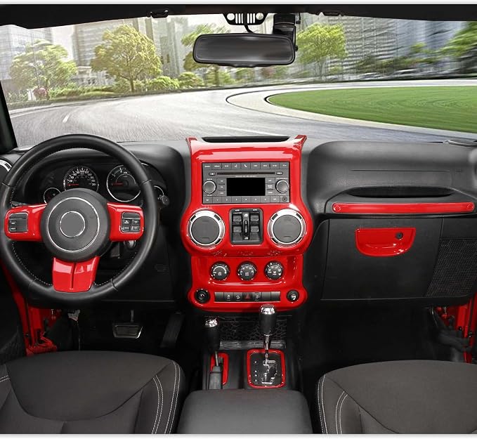 RT-TCZ 10PCS JK Interior Accessories Trim Kit for Jeep Wrangler 2011-2017 | Red JKU Center Console Dashboard Cover, Steering Wheel Decal, Gear Shift Panel, ABS Plastic, Tape-Easy Install