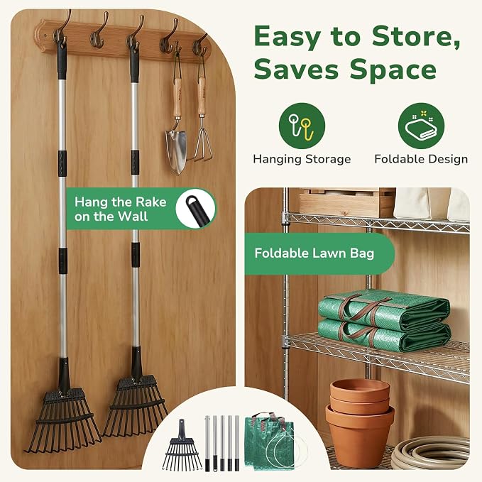 GreatBuddy Leaf Rake and Leaf Bags Combo, Adjustable Metal Garden Rake 29''-72'' 11Tines, 2 Pack 72 Gallon Reusable Yard Waste Bags, Heavy Duty Lawn Rake with Dustpan Leaf Collector for Yard Cleanup