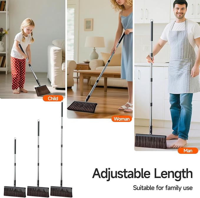 CTIME Broom and Dustpan Set, Adjustable with Dust Pan Teeth | 52" Long Handle Standing Dustpan Set , Extra Brush Head for Home Kitchen Office Lobby