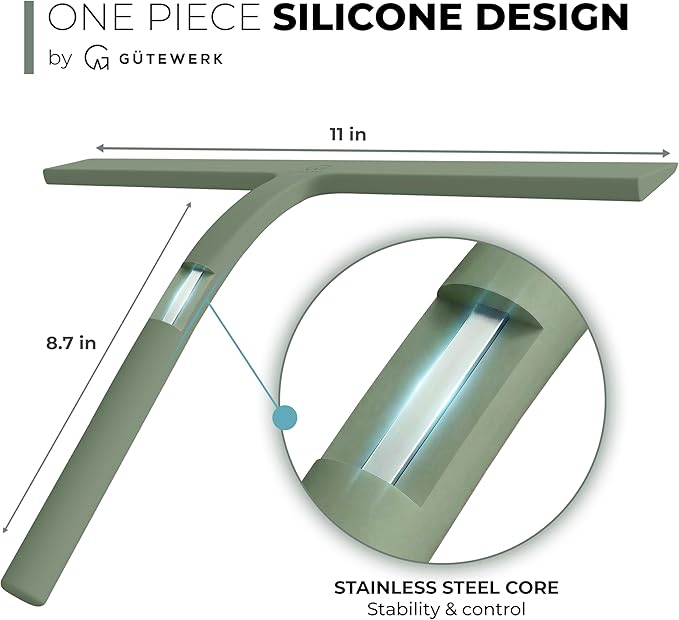 GÜTEWERK Silicone Shower Squeegee for Glass Doors & Mirrors with Stainless Steel Core, Streak-Free & No-Squeak Window Cleaning, 3-in-1 No-Drill Mount (Hook/Suction/Adhesive),Green, 11 Inches