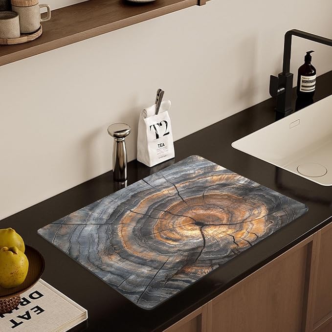 Dish Drying Mat for Kitchen Counter Wood Grain Black Absorbent Coffee Bar Mat Diatom Ooze Dish Drying Pad for Countertop Tabletop Decoration 15.7" X 11.8"