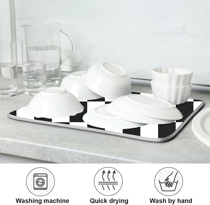 Black White Chessboard Dish Drying Mat for Kitchen Countertop 18x24 Plaid Checkered Rectangle Large Drying Mat Reusable Quick Dry Dish Sink Absorbent Mats Easy Clean Decorative Home Essentials