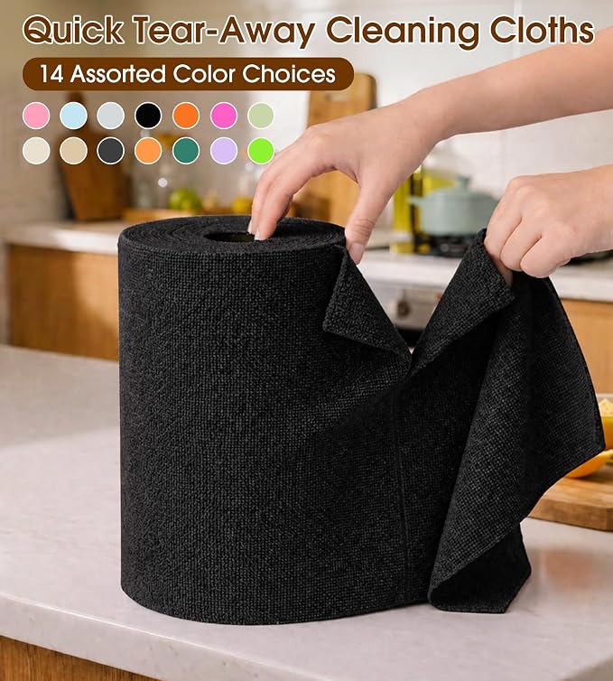KitchLife Microfiber Cleaning Cloth Roll, 200 Pack - Tear-Away Microfiber Paper Towels, Lint-Free, Reusable, Washable for Kitchen, Car, Dishes, and Sensitive Surfaces (Black)