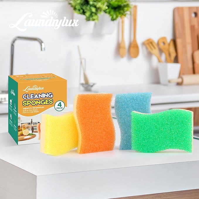 LAUNDRYLUX Scrub Sponge, 4 Pack Dual-Sided Temperature-Responsive Scrubber - Non-Scratch - Multipurpose Dish Sponges for Kitchens, Bathrooms, and Outdoor Use - S Shape