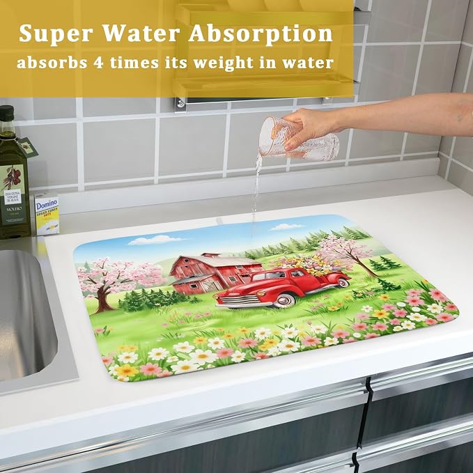 Spring Dish Drying Mat for Kitchen Counter Red Truck Flowers Microfiber Absorbent Dish Draining Reusable Washable Foldable Extra Large 18"x24"