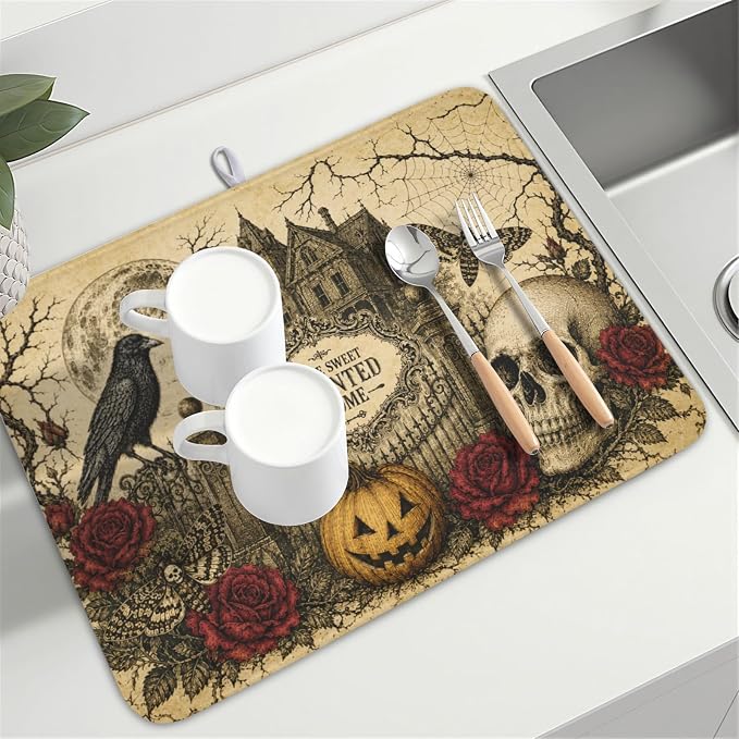 Halloween Pumpkin Dish Drying Mat for Kitchen Counter 18 x 24 Inch Ghost Castle Dish Drainer Mat Absorbent Microfiber Rose Skull Crow Dish Rack Pad for Coffee Dining Bar Decor