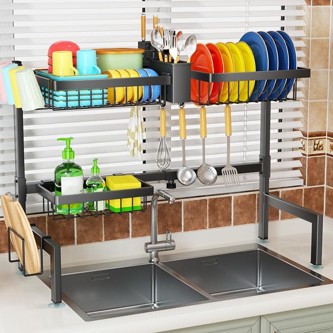 SNSLXH 2-Tier Over The Sink Dish Drying Rack, Kitchen Large Dish Drying Rack Over The Sink, Suitable for Most Sinks, Effective Dish Drying, Kitchen Drying Rack(26.57"-35")