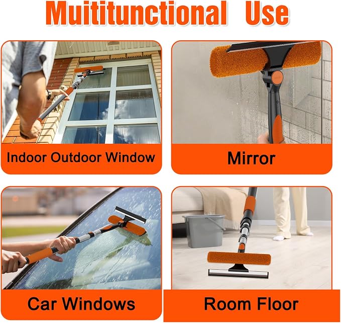25FT Reach Window Squeegee Kit with Extension Pole, 2-in-1 Professional Washer for High Windows, 5-20FT Adjustable Reach, Rotatable Head for Indoor & Outdoor Use, Streak-Free Cleaning Tool for Home