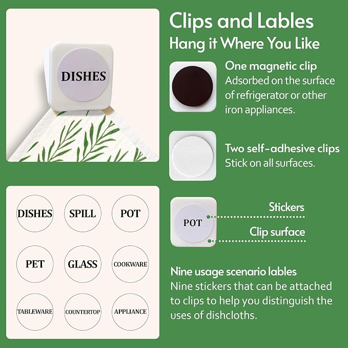 Eulnars Swedish Dishcloths for Kitchen, 8 Pack Green Reusable Paper Towels with Clips, Non-Scratch Swedish Kitchen Towels, Super Absorbent Cellulose Sponge Cloths, Dishwasher Safe, No Odor