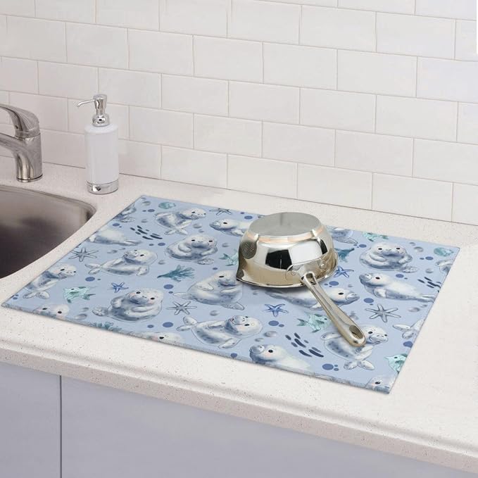 Manatees Dish Drying Mat for Kitchen Counter Cute Kitchen Mat Microfiber Kitchen Countertop Absorbent Reversible Drainer Rack Pad Dish Drying Mat 18 x 24 Inch